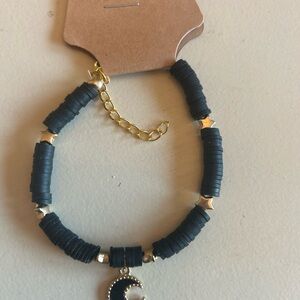 Black and Gold Beaded Bracelet with Moon Charm